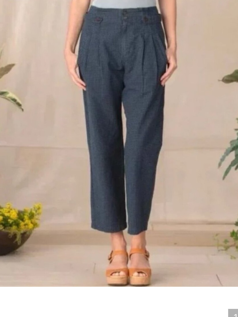 Sundance Vie De Reve Cotton/Linen Navy Check High Rise Pleated Ankle Pants 8
